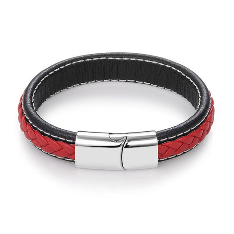 Punk Black Braided Leather Bracelet-Red