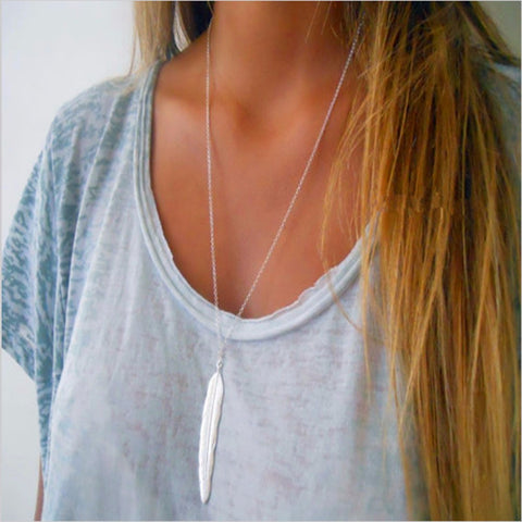 FAMSHIN 2017 New Fashion womens vintage long necklace jewelry silver gold simple feather pendant necklaces colar Jewelry gifts